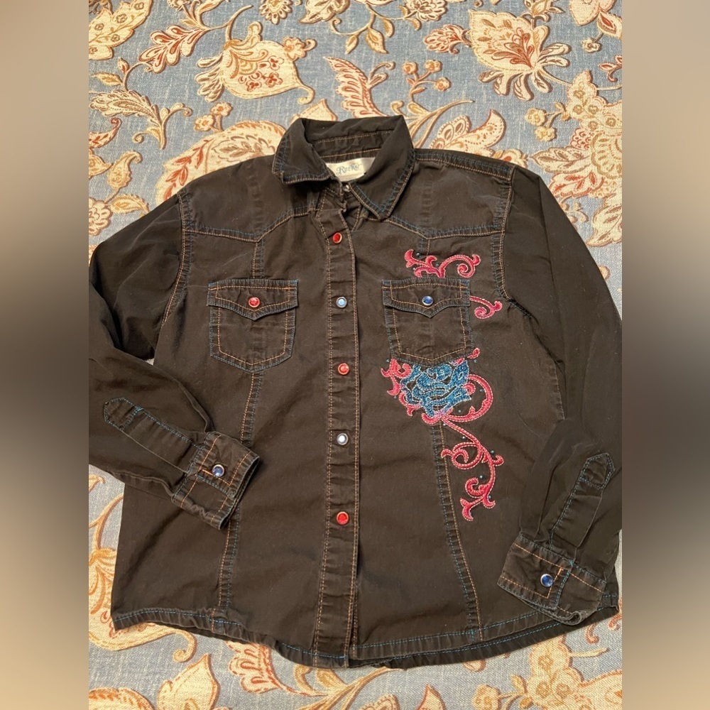 Little Girls Sz M Rock 47 Black and Pink long sleeved Snap Front Western Shirt